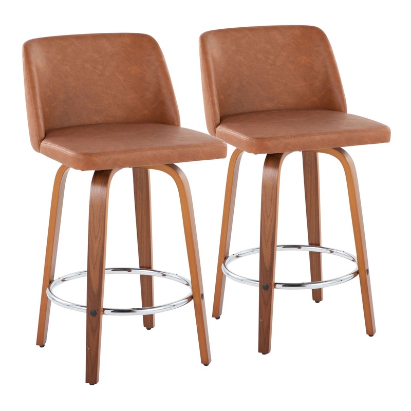Toriano – Contemporary Fixed Height Counter Stool With Swivel & Round Footrest (Set of 2) – Walnut / Camel