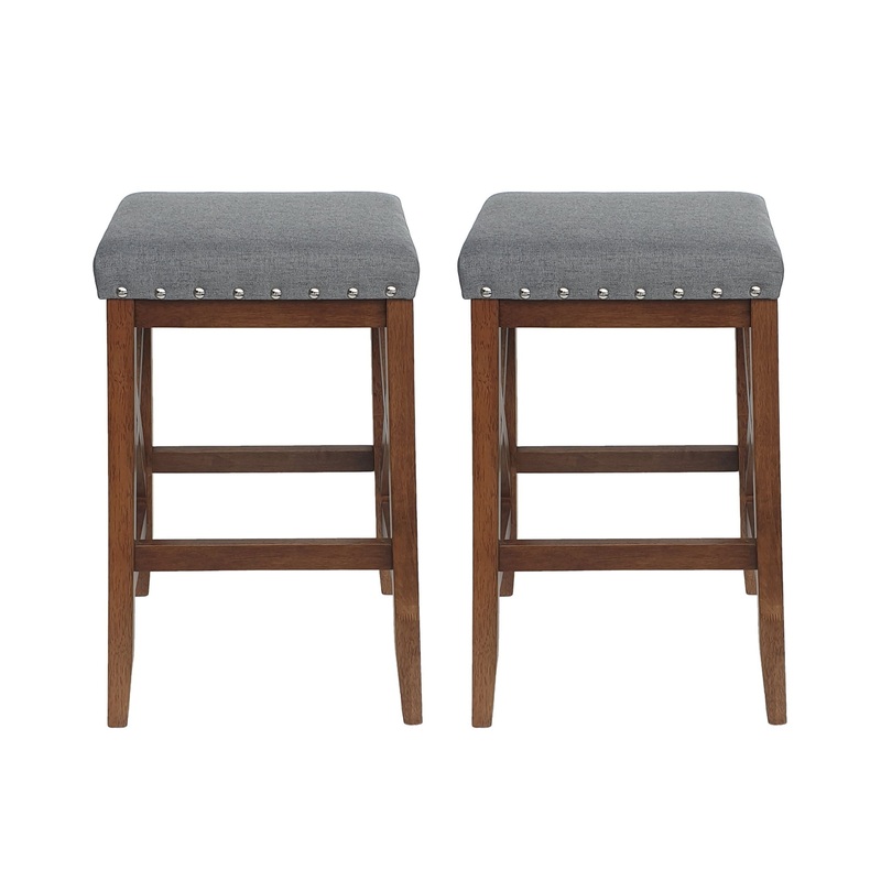 Upholstered Bar Stool With Nailhead Trim And X Frame Design (Set of 2) – Charcoal