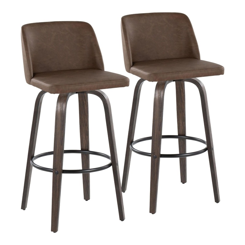 Toriano – 30″ Fixed-Height Barstool With Swivel And Round Black Metal Footrest (Set of 2) – Walnut Glazed Wood And Espresso Faux Leather