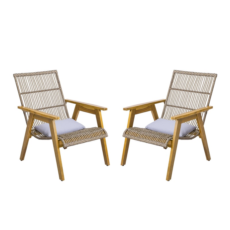 Acacia Wood Cape Woven Wicker Large Lounge Chair With Pillow For Patio, Deck, Yard, Lawn And Garden Seating Wicker (Set of 2) – Teak