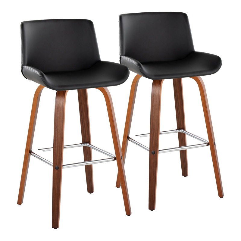 Santi – 30″ Fixed-Height Barstool With Swivel And Square Chrome Metal Footrest (Set of 2) – Walnut Wood