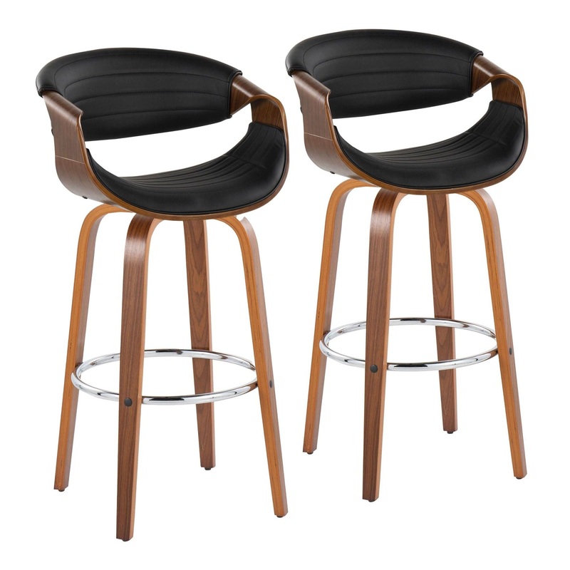 Symphony – 30″ Fixed-Height Barstool With Swivel And Round Chrome Metal Footrest (Set of 2) – Walnut Wood