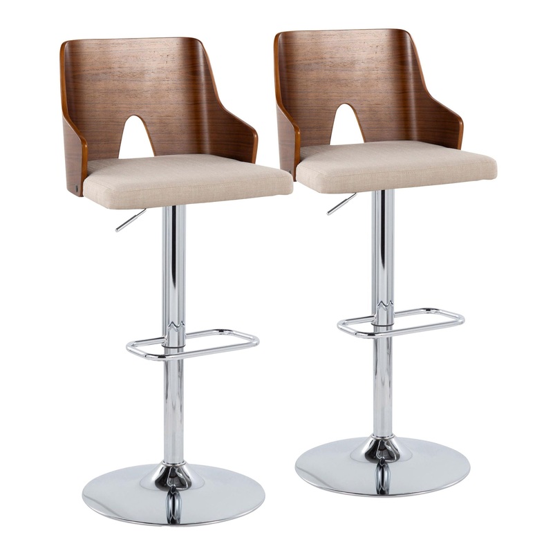 Ariana – Mid-Century Modern Adjustable Barstool With Swivel With Rounded Rectangle Footrest (Set of 2) – Chrome / Walnut / Beige