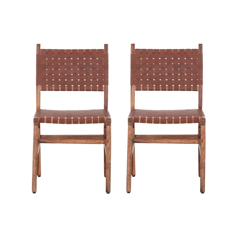 Rustic Wooden Dining Chair (Set of 2) With Genuine Leather Woven Upholstery – Brown