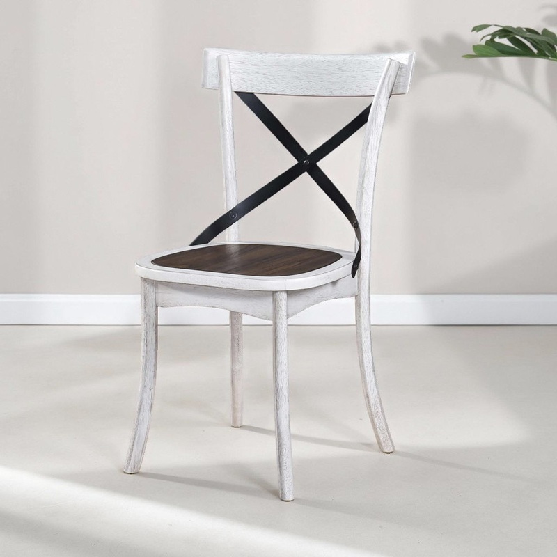 2 Pieces Set Dining Side Chair Rustic Modern Farmhouse Design Retro Design With Metal X Design – Antique Dark Oak / Antique White