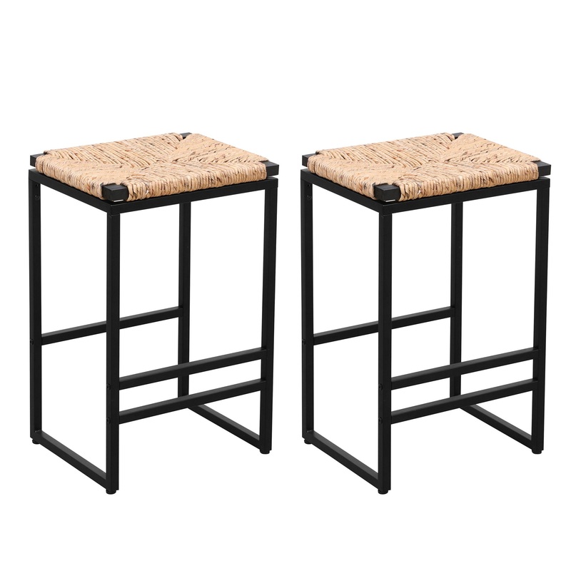 (Set of 2) Backless Water Hyacinth Woven Bar Stools With Footrest, Natural Finish, Metal Frame, 25″ Height