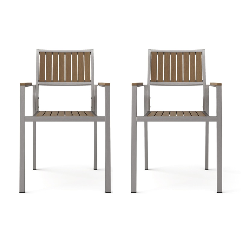 Stylish Modern Faux Wood & Aluminum Outdoor Dining Chairs, (Set of 2) – Natural