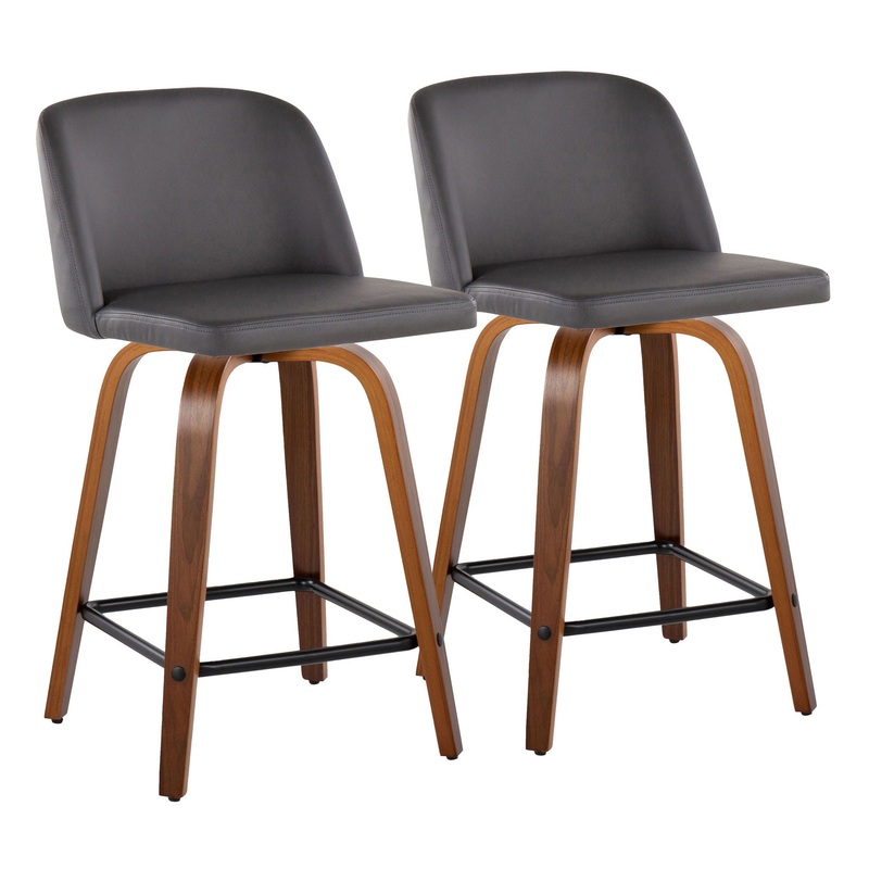 Toriano – Contemporary Fixed Height Counter Stool With Swivel & Square Footrest (Set of 2) – Walnut / Gray