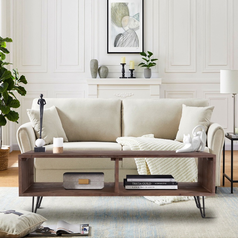 Reclaimed Wood Cocktail Table With Open Storage For Living Room, Metal Legs, Foldable – Black / Natural