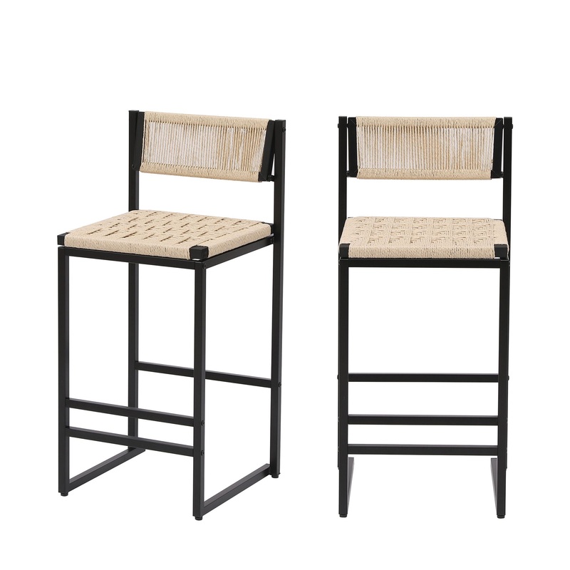 Style B, Woven Bar Stools With Backrest, Paper Rope Weave Dining Chairs For Kitchen Island – Creamy White