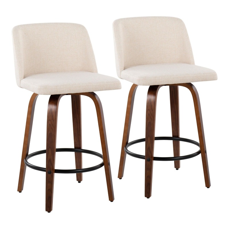 Toriano – Fixed – Height Counter Stool – Walnut Wood With Round Black Footrest And Cream Noise Fabric (Set of 2)