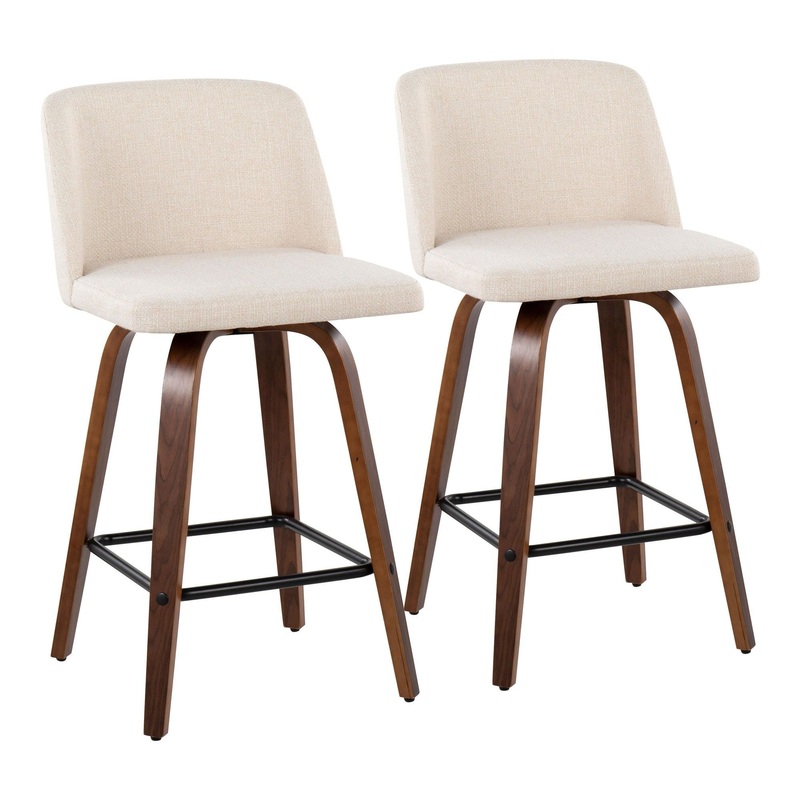 Toriano – Fixed – Height Counter Stool – Walnut Wood With Square Black Footrest And Cream Noise Fabric (Set of 2)