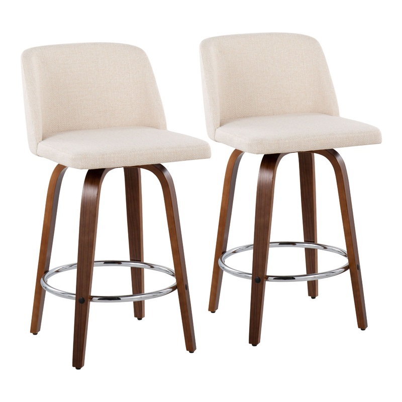 Toriano – Fixed – Height Counter Stool – Walnut Wood With Round Chrome Footrest And Cream Noise Fabric (Set of 2)