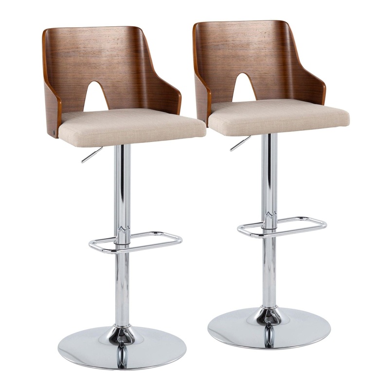 Ariana – Adjustable Barstool With Swivel – Chrome Metal, Walnut Wood And Beige Fabric With Rounded Rectangle Footrest (Set of 2)