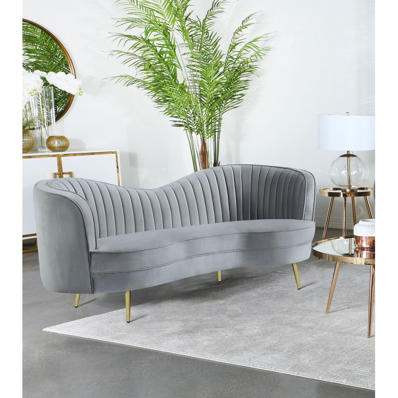 Sophia Upholstered Loveseat with Camel Back Grey and Gold