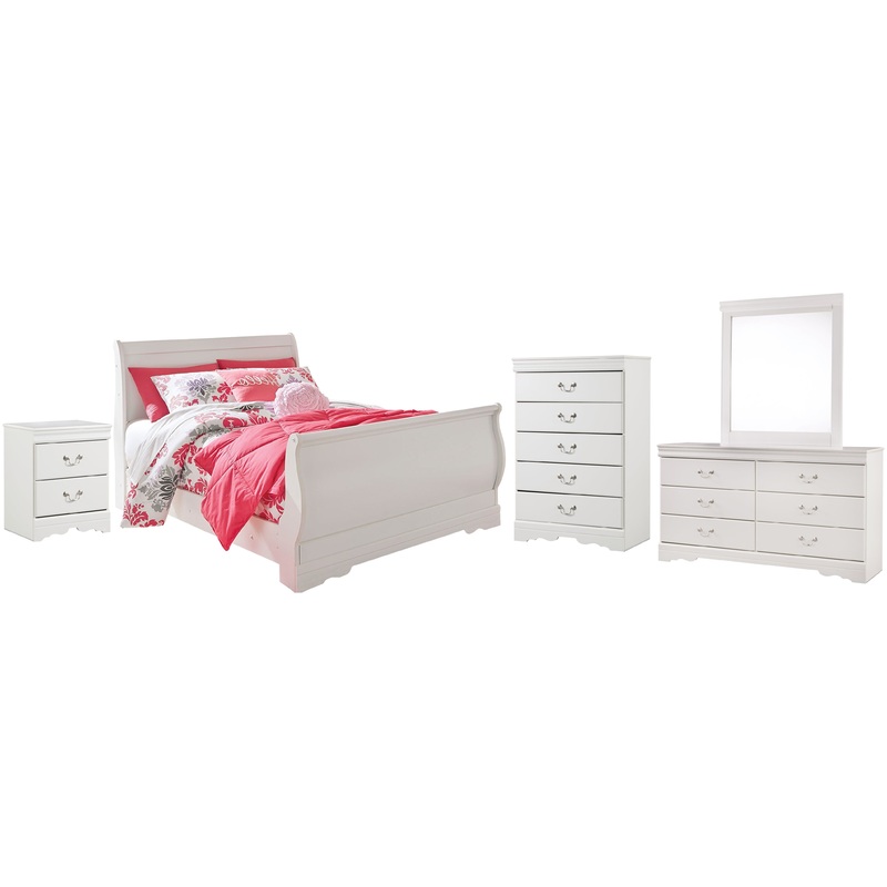 Anarasia Full Sleigh Bed with Mirrored Dresser, Chest and Nightstand