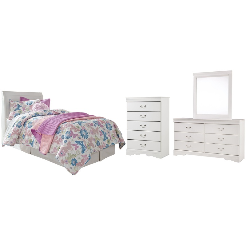 Anarasia Twin Sleigh Headboard with Mirrored Dresser and Chest
