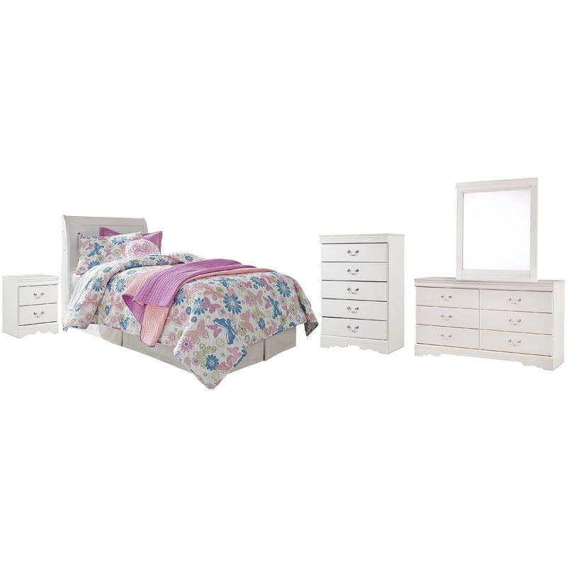 Anarasia Twin Sleigh Headboard with Mirrored Dresser, Chest and Nightstand