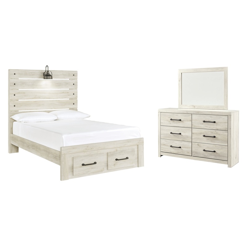 Cambeck Full Panel Bed with 2 Storage Drawers with Mirrored Dresser