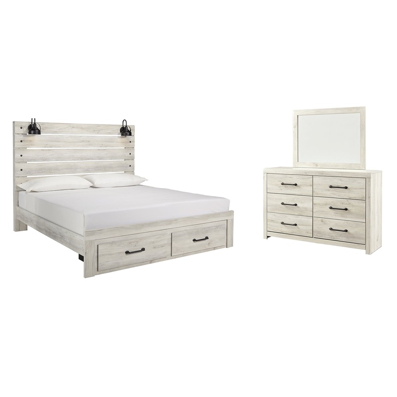 Cambeck King Panel Bed with 2 Storage Drawers with Mirrored Dresser