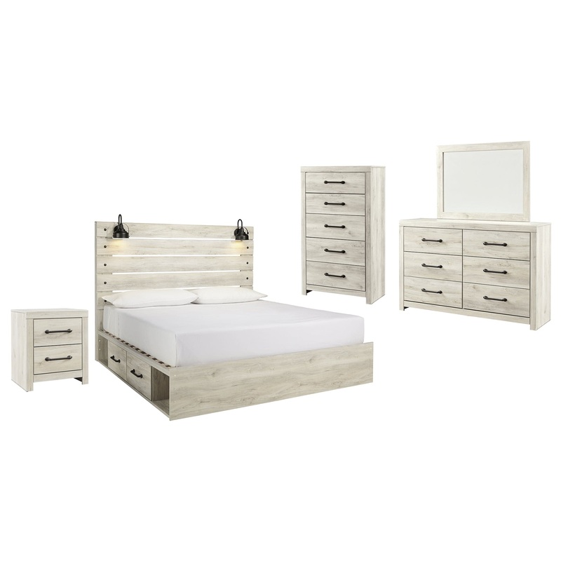 Cambeck King Panel Bed with 4 Storage Drawers with Mirrored Dresser, Chest and Nightstand
