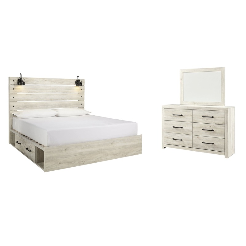 Cambeck  Panel Bed With 4 Storage Drawers With Mirrored Dresser