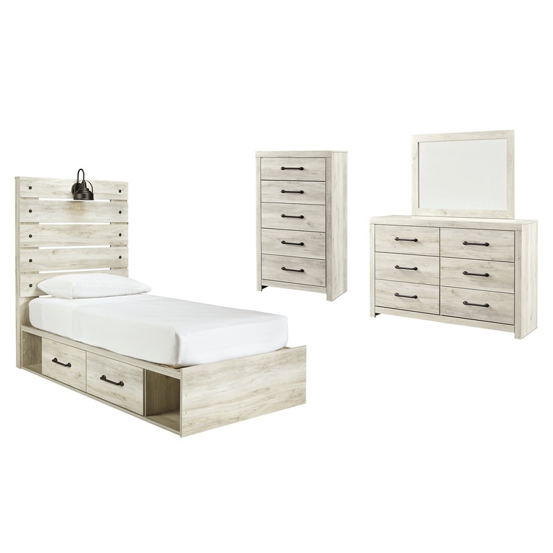 Cambeck  Panel Bed With 4 Storage Drawers With Mirrored Dresser And Chest