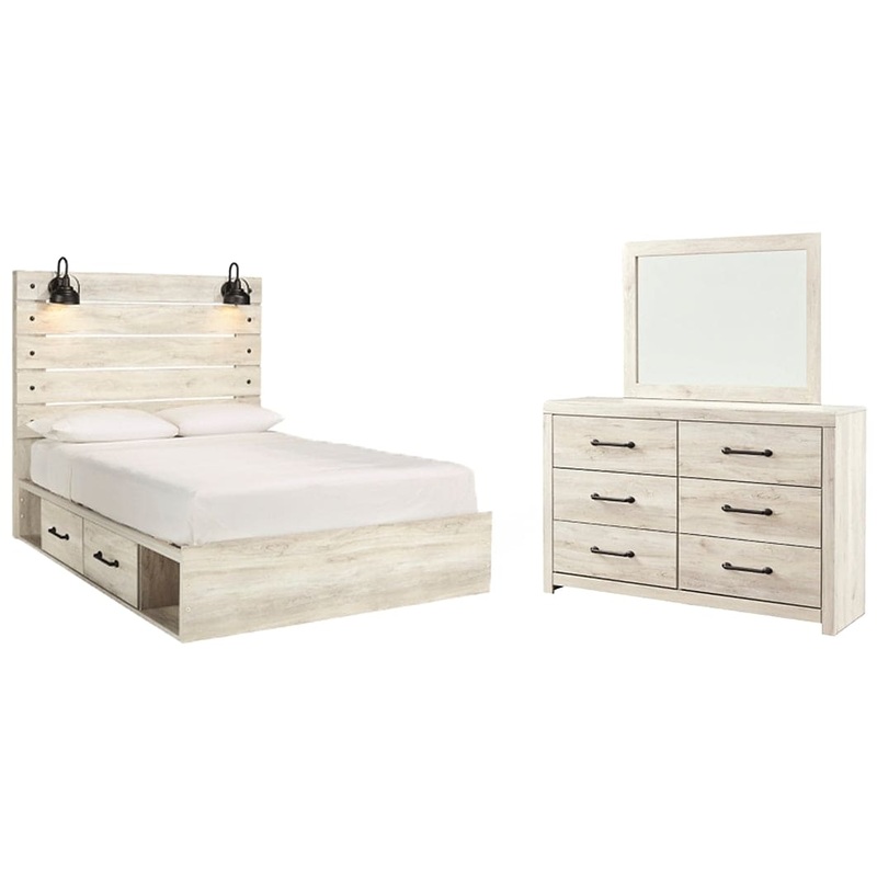 Cambeck Queen Panel Bed with 4 Storage Drawers with Mirrored Dresser