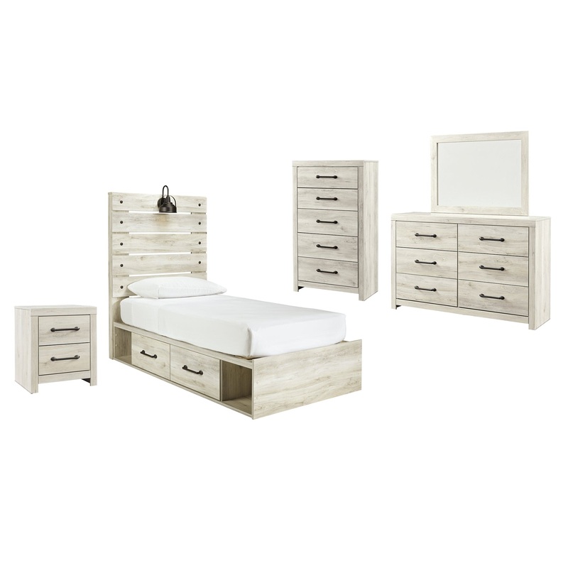 Cambeck Twin Panel Bed with 4 Storage Drawers with Mirrored Dresser, Chest and Nightstand