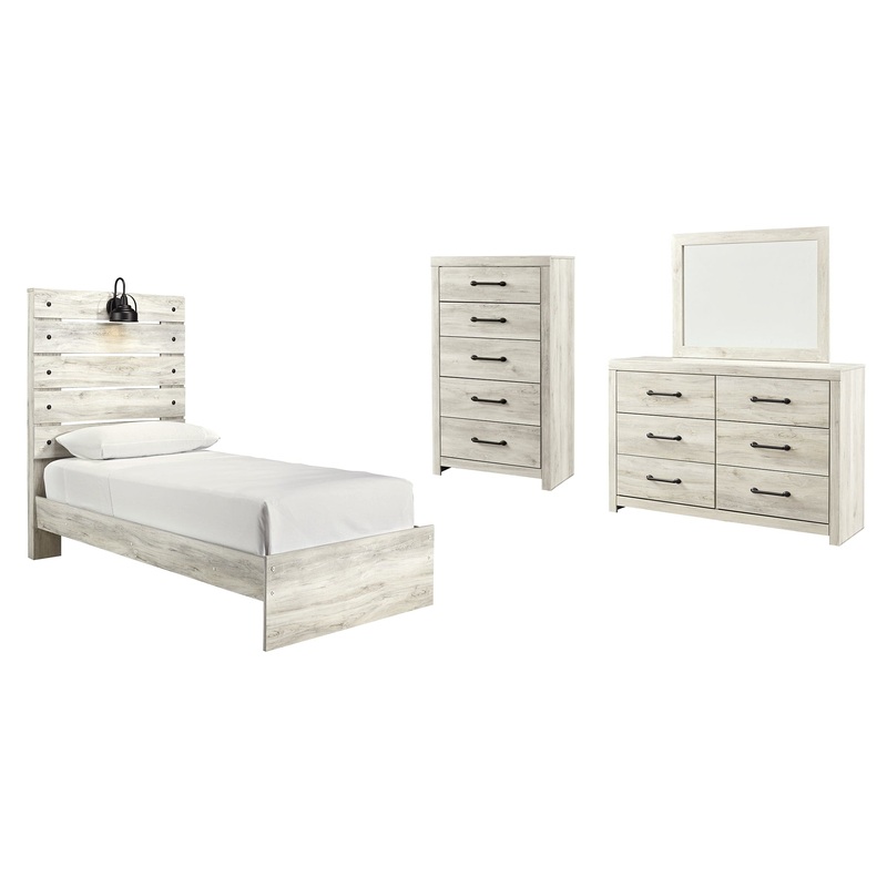 Cambeck Twin Panel Bed with Mirrored Dresser and Chest