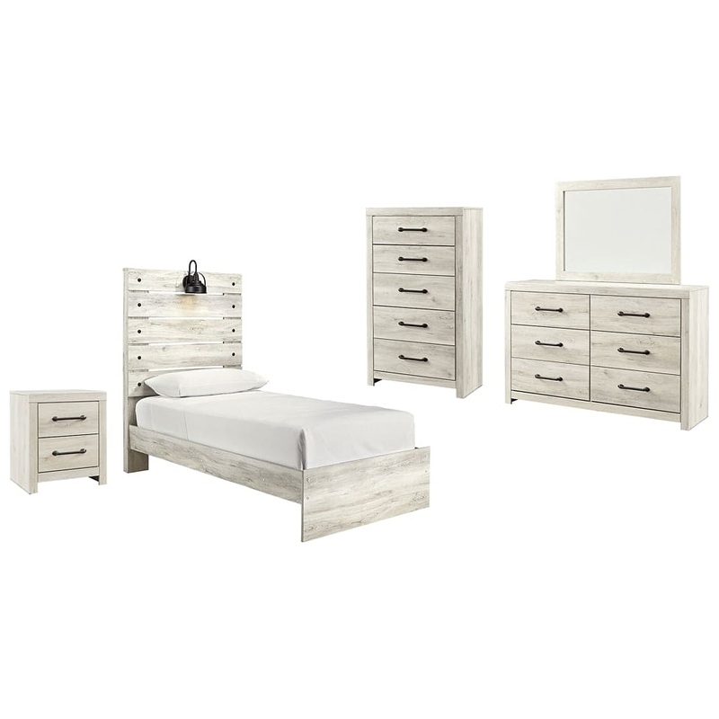 Cambeck Twin Panel Bed with Mirrored Dresser, Chest and Nightstand