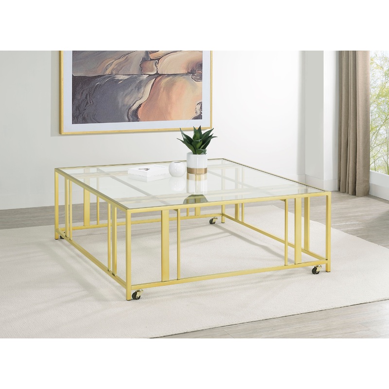 Adri Square Glass Top Coffee Table with Casters Matte Brass