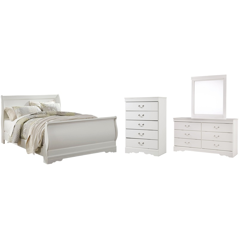 Anarasia Queen Sleigh Bed with Mirrored Dresser and Chest