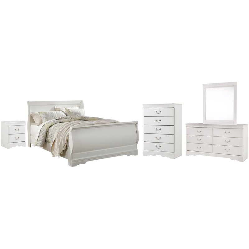 Anarasia Queen Sleigh Bed with Mirrored Dresser, Chest and Nightstand