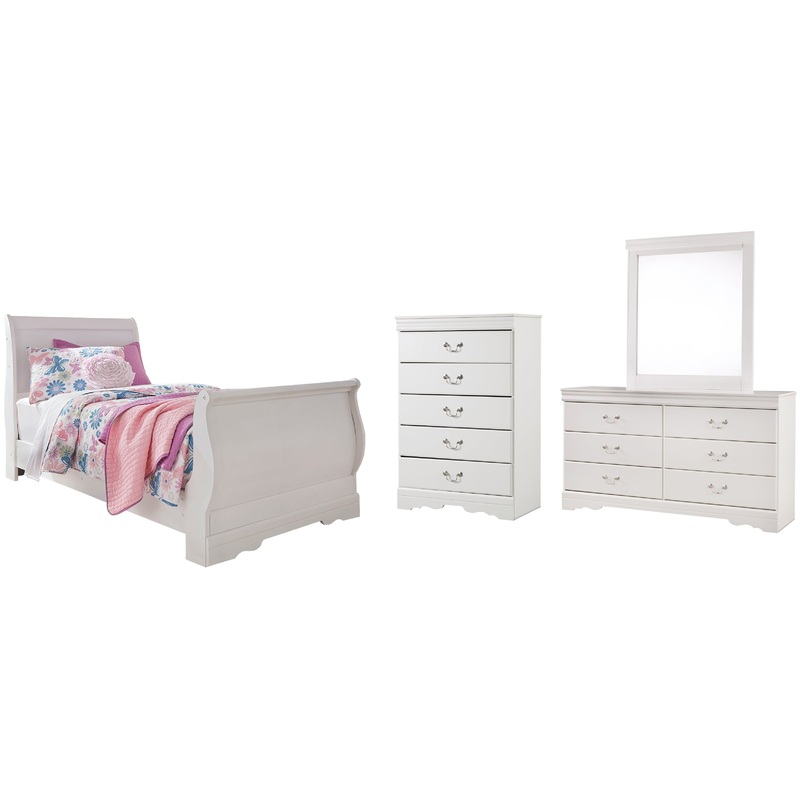 Anarasia Twin Sleigh Bed with Mirrored Dresser and Chest