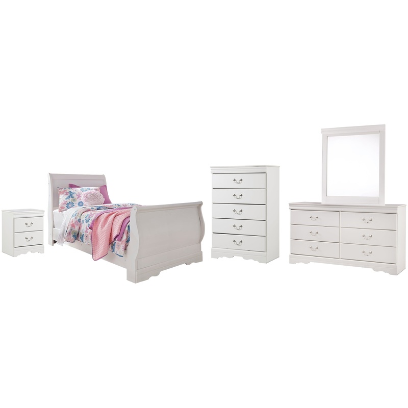 Anarasia Twin Sleigh Bed with Mirrored Dresser, Chest and Nightstand