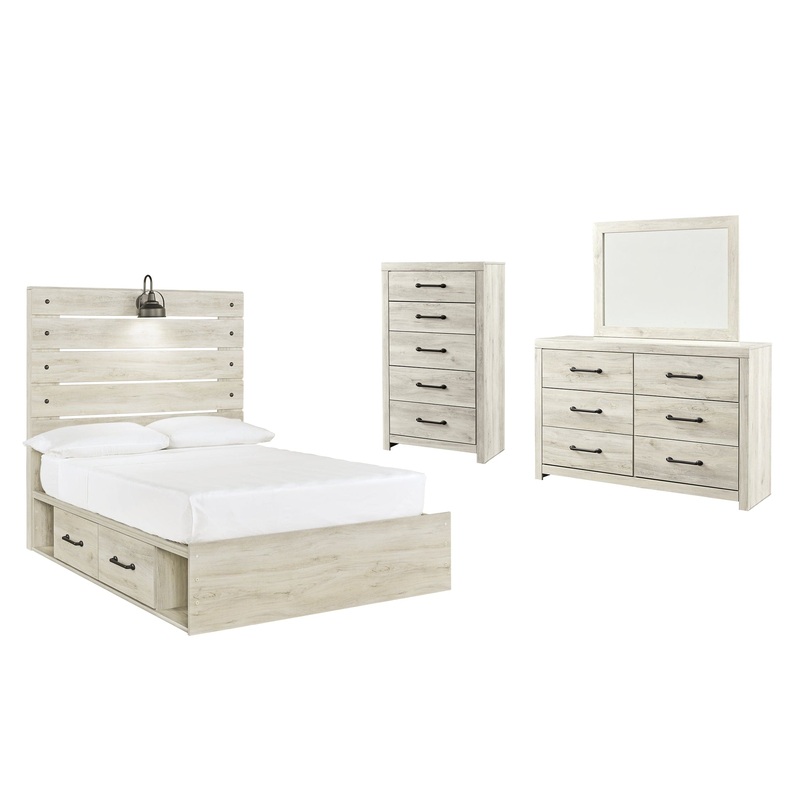 Cambeck Full Panel Bed with 4 Storage Drawers with Mirrored Dresser and Chest