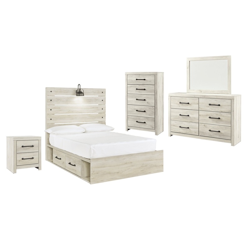 Cambeck Full Panel Bed with 4 Storage Drawers with Mirrored Dresser, Chest and Nightstand