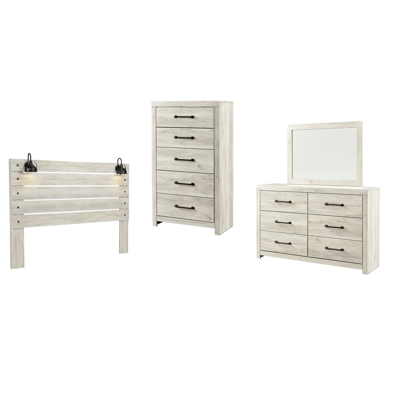 Cambeck King Panel Headboard with Mirrored Dresser and Chest