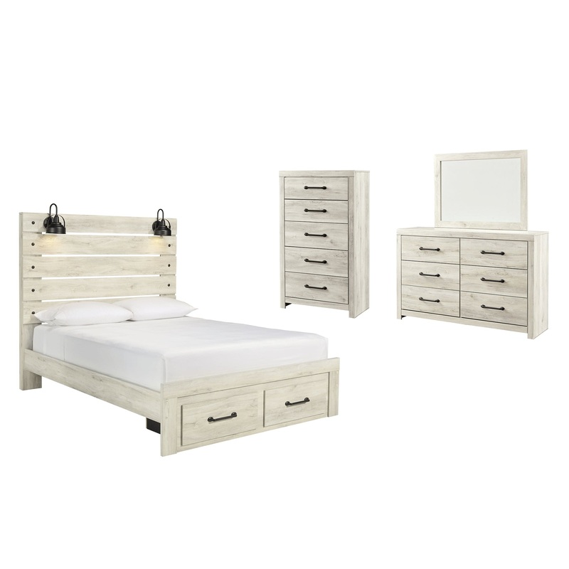 Cambeck  Panel Bed With 2 Storage Drawers With Mirrored Dresser And Chest