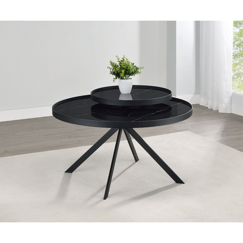 Briggs Round Marble Printed Glass Top Coffee Table Black